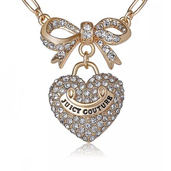 NIB JUICY COUTURE Gold Rhinestone Heart Bow Pearl Pendant Necklace 18”+2” GIFT - Picture 6 of 15
